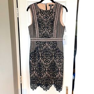 NWT Aidan Mattox Black & Beige Lace Cocktail Dress, Size 6.
